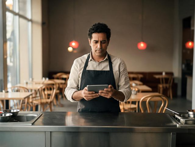 Dono de restaurante conferindo o movimento no tablet
