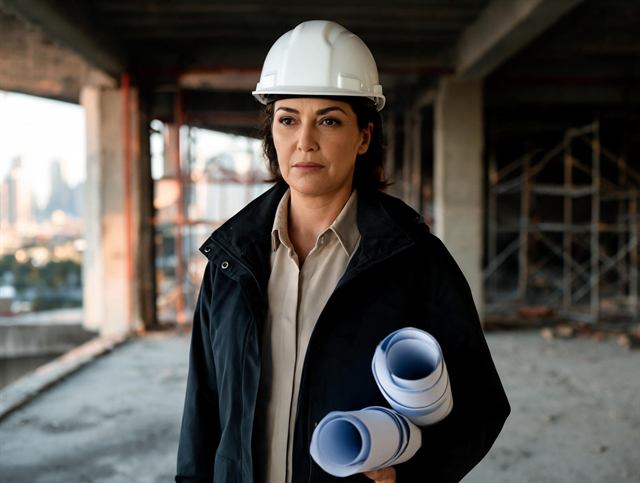 Engenheira responsavel por uma construtora em obra