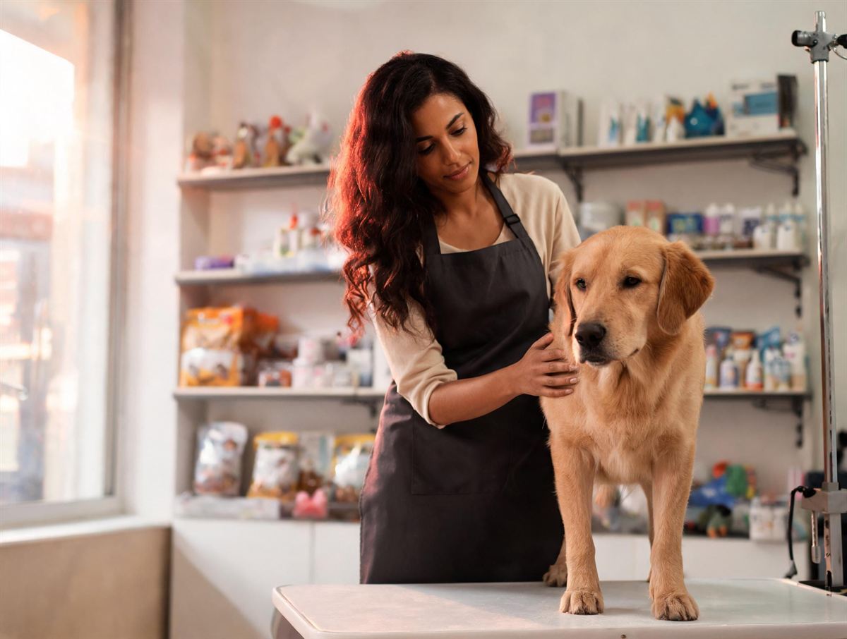 Dona de pet shop com um cão na mesa de banho e tosa